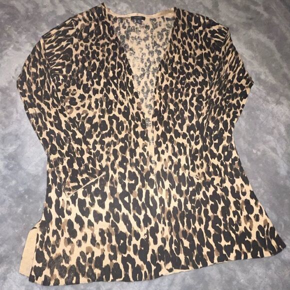 Halogen Leopard Print Open Sweater w/ Ribbed Cuffs - Picture 3 of 9